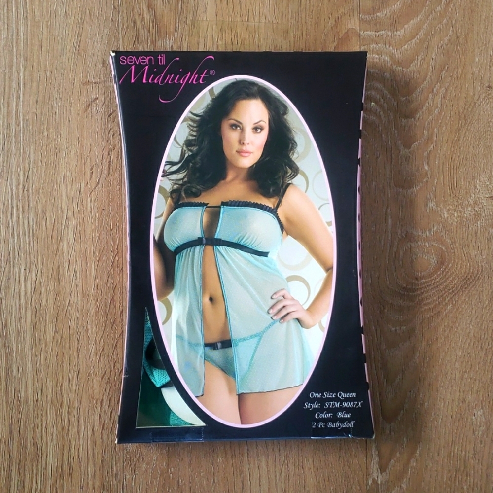 Dotted Mesh Babydoll And Thong With Pleated Satin Trim.